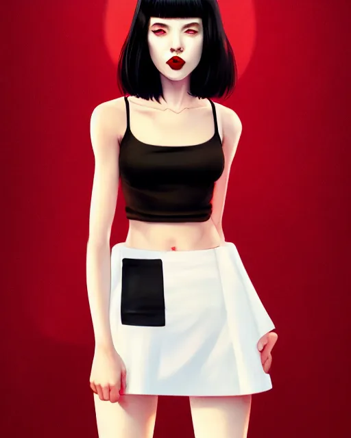 Prompt: a full body portrait of pale skin beauty in mini skirt and crop top, black hair, red lips, digital painting by ilya kuvshinov and ross tran and karol bak and stanley lau and anna dittmann and artgerm and xiaoguang sun and tian zi