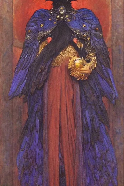 Prompt: an anthropomorphic raven dressed as a renaissance lord , by Annie Swynnerton and Nicholas Roerich and jean delville and Gaston Bussière, iridescent beetles, rich color, dramatic cinematic lighting, featured on Artstation, extremely detailed