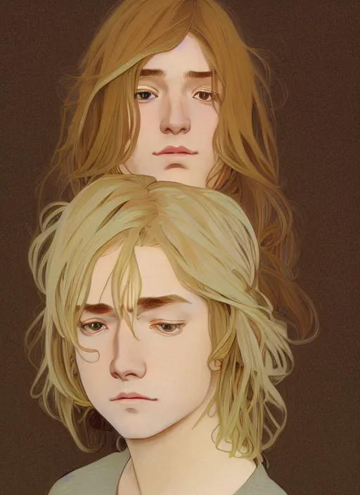 Prompt: pretty young man with shoulder length shiny shimmering golden blond hair, head down, shy, sad, scared, path traced, highly detailed, high quality, digital painting, by studio ghibli and alphonse mucha, leesha hannigan, disney