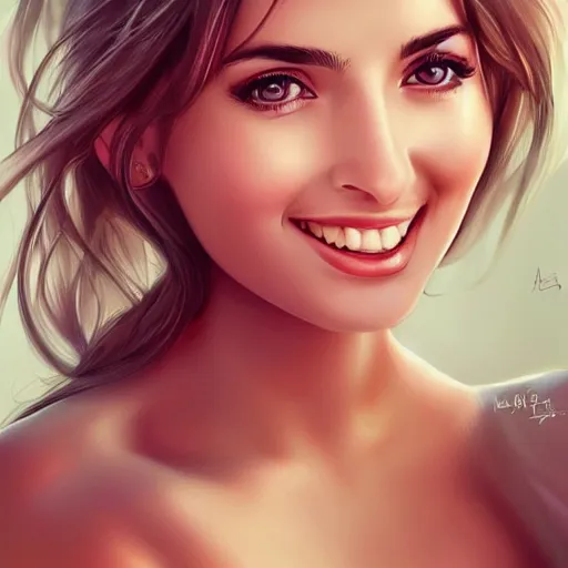 Prompt: very beautiful female ana de armas, smiling, flirty, eye contact, perfect face, perfect body, drawn by artgerm