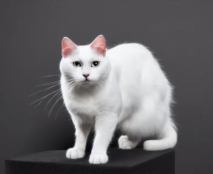 Image similar to 4 k hd, high detail photograph of a white and black cat, shot with sigma f / 4. 2, 2 5 0 mm sharp lens, wide shot, consistent, isometric view, volumetric lighting, high level texture render