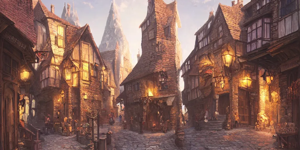 Prompt: a busy fantasy street within a fascinating old city, quirky shops, narrow streets, old buildings, cobblestones, stone steps, street life, by Sylvain Sarrailh, cinematic, simple but effective composition, clean lines, beautiful digital painting, oil painting, detailed, dungeons and dragons, lord of the rings