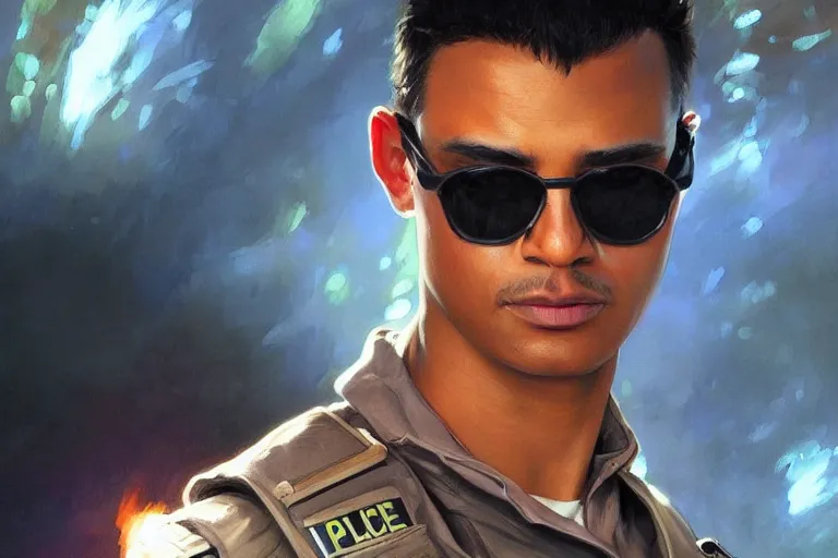 Image similar to Beautiful portrait of a skin glowing male police officer wearing cool shades. wide angle, magic, fire, darkness, dramatic lighting, Africa, intricate, wild, highly detailed, digital painting, artstation, concept art, smooth, sharp focus, illustration, art by artgerm and greg rutkowski and alphonse mucha, footage from space camera