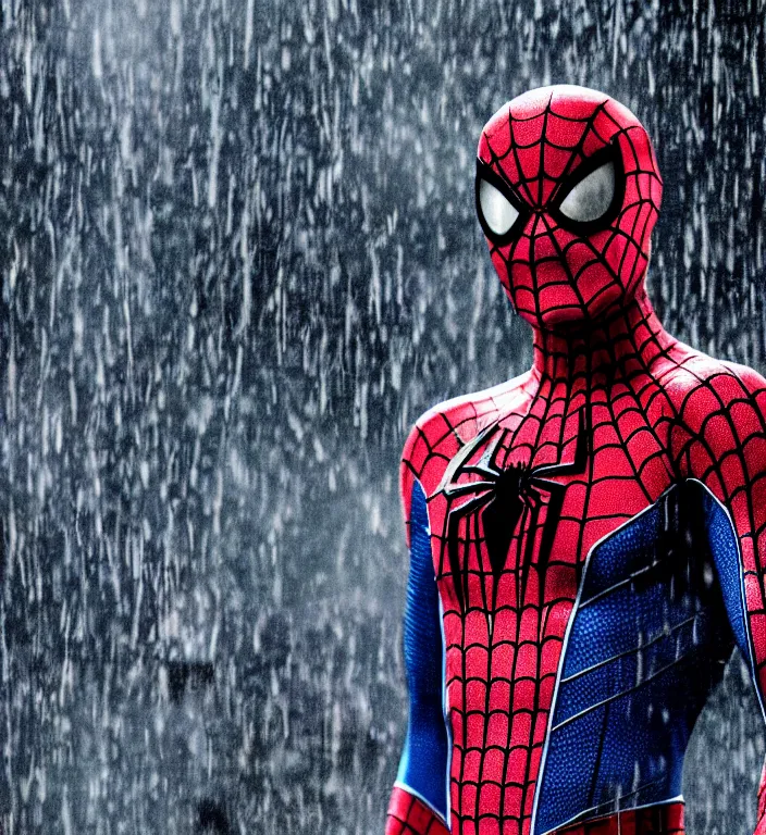 Prompt: cinematic of tobey maguire as spiderman, dramatic rain, 8 k, moody lighting