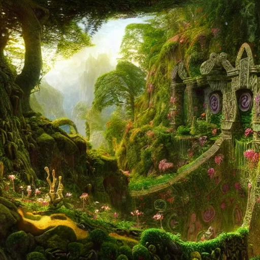 Image similar to a beautiful and highly detailed matte painting of a lush garden in a beautiful forest, carved celtic stone runes, psychedelic colors, intricate details, epic scale, insanely complex, hyperdetailed, artstation, cgsociety, 8 k, sharp focus, hyperrealism, by caspar friedrich, albert bierstadt, james gurney, brian froud,