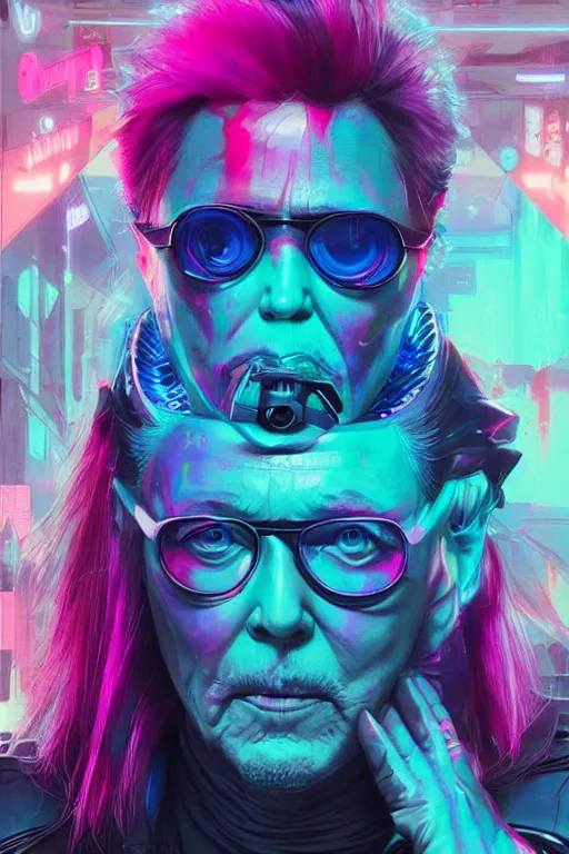 Prompt: a cyberpunk christopher walken with blue and pink hair, neon colors, hyper detailed, digital art, cinematic lighting, concept art by artgerm and greg rutkowski and moebius and jakub rebelka