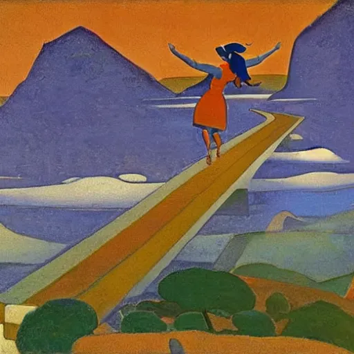 Prompt: distant view of a girl jumping from a bridge, mountains, hot summer day, painting by nicolas roerich