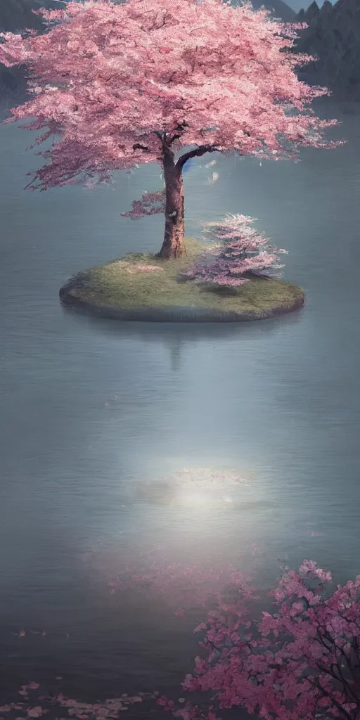 Image similar to a single sakura tree growing upon an island in a lake, cherry blossoms, illustration, light beams, digital art, oil painting, fantasy, 8 k, trending on artstation, detailed