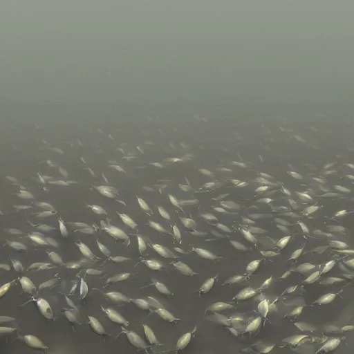 Image similar to hundreds of tiny monster fish with black eyes looking up from the foggy deep water, hyper realistic,