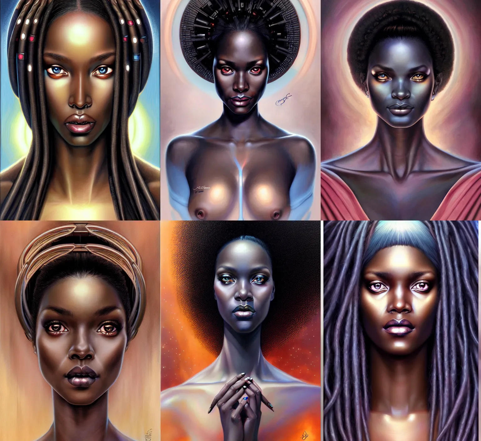 Prompt: stunning goddess of computers portrait, clear eyes and dark skin. realistic, symmetrical face. art by bowater charlie, mark brooks, julie bell, arian mark, tony sandoval