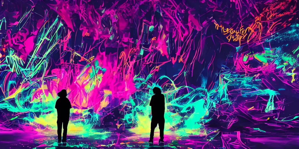 Image similar to rapper silhouetted against psychedelic lightning, silhouettes, digital art, vapor wave, hip hop, graffiti, trending on Artstation, professional artist, detailed, 4k