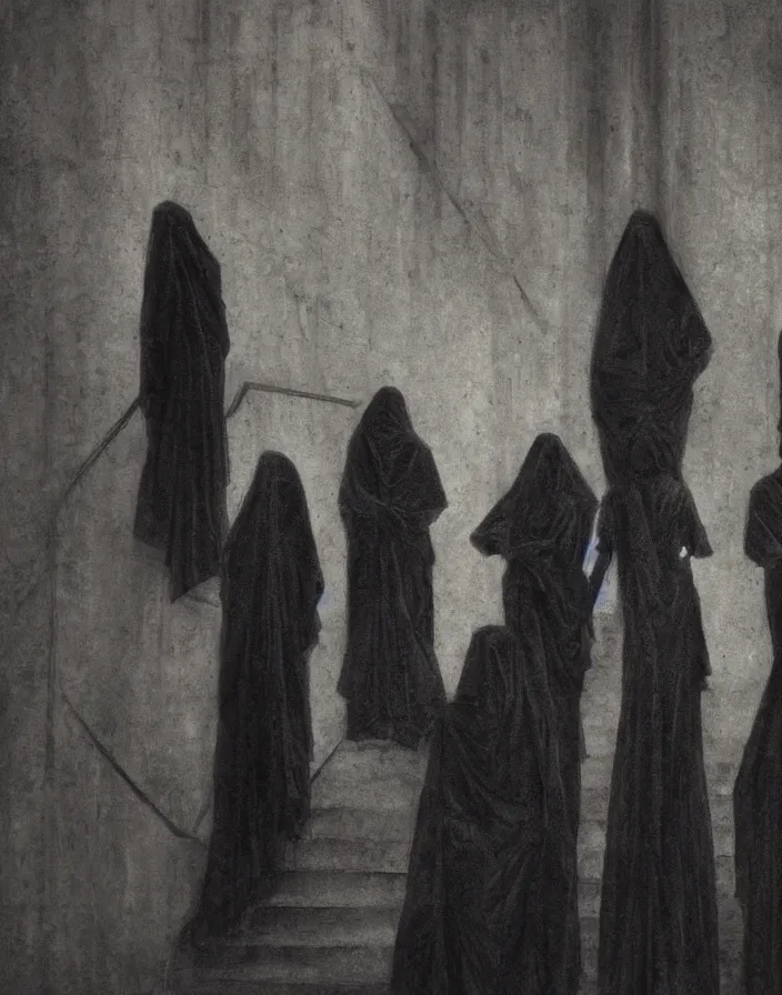 Prompt: several ritualistic figures shrouded in a long trailing dark black opaque gown, descending in tandem down a giant marble staircase in a dark room, photorealism, hyperrealism, harsh lighting, dramatic lighting, medium shot, serious, gloomy, foreboding, cinematic, creepy