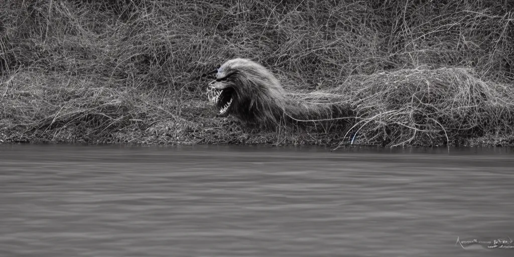 Prompt: hairy evil cryptid standing in an alaskan river at night, flash light, long lens, telephoto, Monster