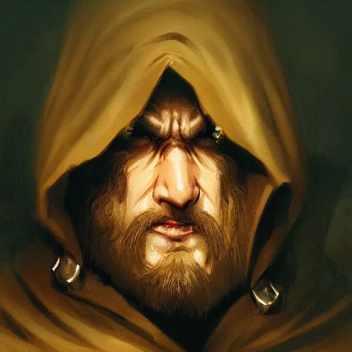 Image similar to portrait of small pale cowardly man wearing dark hood, fantasy artwork, close up, high fantasy, by karl spitzweg, sharp focus, artstation, funny situation, rpg, dnd