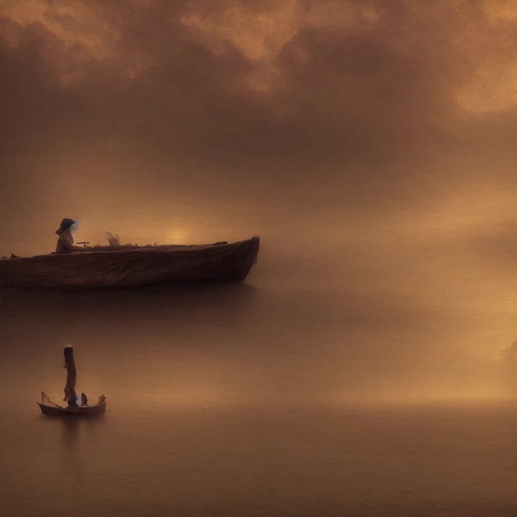 Prompt: a small boat sails on a canal surrounded by a desert, by jean delville and sophie anderson and mandy jurgens, moody atmosphere, cinematic atmospheric, cinematic lighting, golden ratio, perfect composition, elegant, no crop, extremely detailed, 4 k, hd, sharp focus, masterpiece, trending on artstation