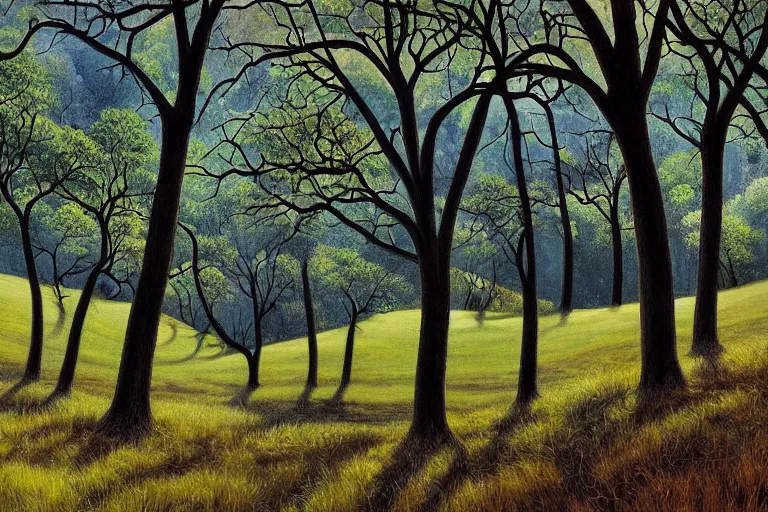 Image similar to masterpiece painting of oak trees on a hillside overlooking a creek, dramatic lighting, by april gornik