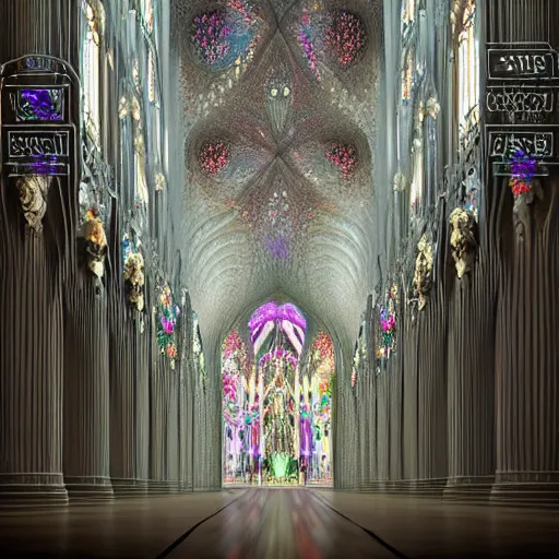 Image similar to a hyperrealistic 3 d render of a delicate ivory sculpture of an ornate detailed cathedral populated by mandelbrot fractals, micro detail, unreal engine, backlit lighting, psychedelic, octane renderer, catholicpunk, glowing, white color scheme, photorealistic, physically based rendering, angelic, colorful, carved soap, trending on cgsociety