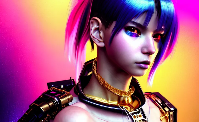 Image similar to hyperdetailed portrait of a stunningly beautiful cyberpunk cutie european girl with short dark hair guard made of iridescent metals and shiny pink gems, bright rainbow nimbus, gold necklace, gold background inspired by ross tran and masamune shirow and kuvshinov, intricate, photorealistic, octane render, rtx, hdr, unreal engine, dnd digital art by artgerm