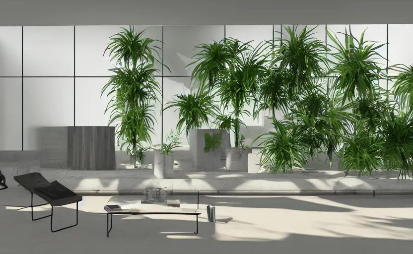 Image similar to empty room brutalist interior, big tv screen in the middle, tropical indoor plants, open shiny floor, v - ray render, high contras