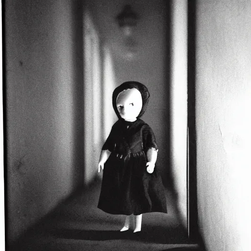 Image similar to creepy vintage doll in darkly lit hallway photo kodak brownie photo