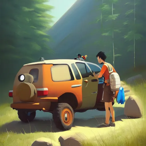 Image similar to goro fujita ilustration hikers loading the car to go to the forest, painting by goro fujita, sharp focus, highly detailed, artstation