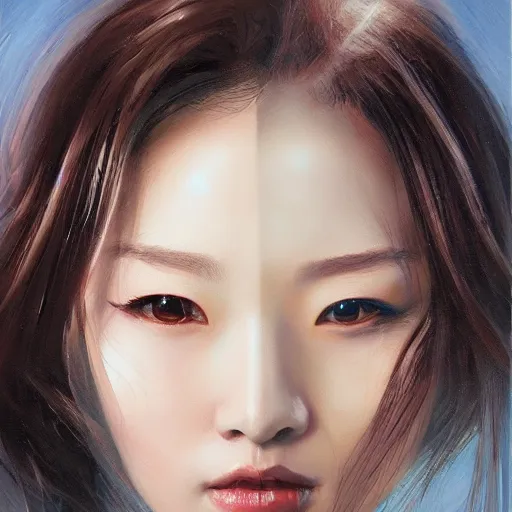 Image similar to perfect, realistic oil painting of close-up japanese girl face, in Marvel and DC style, by an American professional senior artist, Hollywood concept, dynamic composition and motion, postproduction.