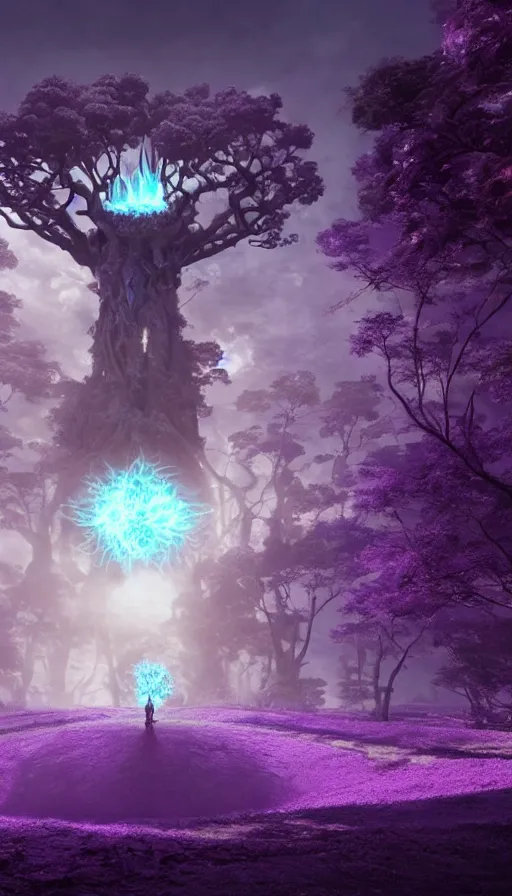 Image similar to a future scifi ancient god on the middle of a purple forest holding a portal that's about to explode, sweat drops, insane, highly detailed, smooth, sharp focus, Unreal Engine 5, 8K, art by Akira Toriyama