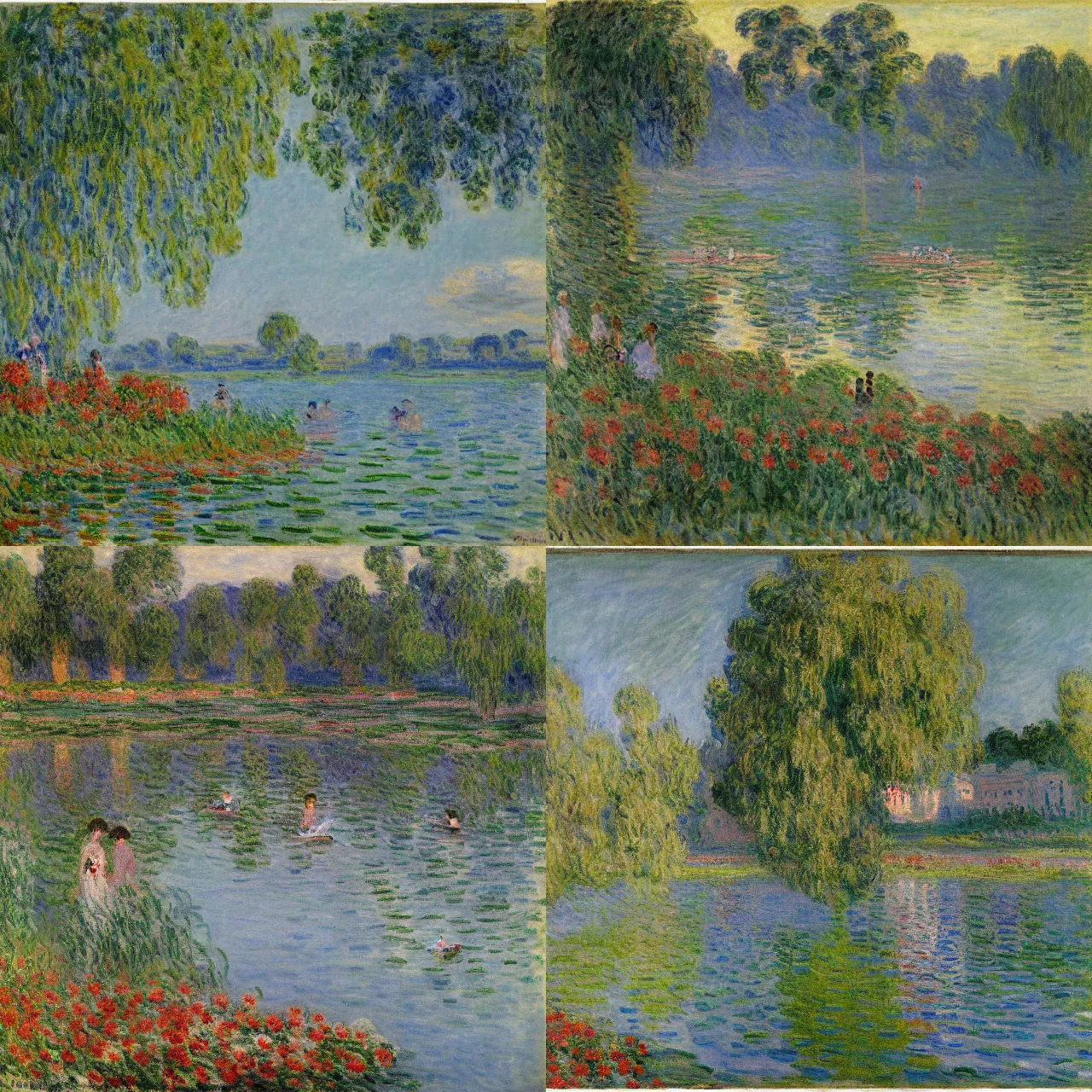 Prompt: women and men bathing in the lake, flowers and trees around the lake, morning, august, by Claude Monet