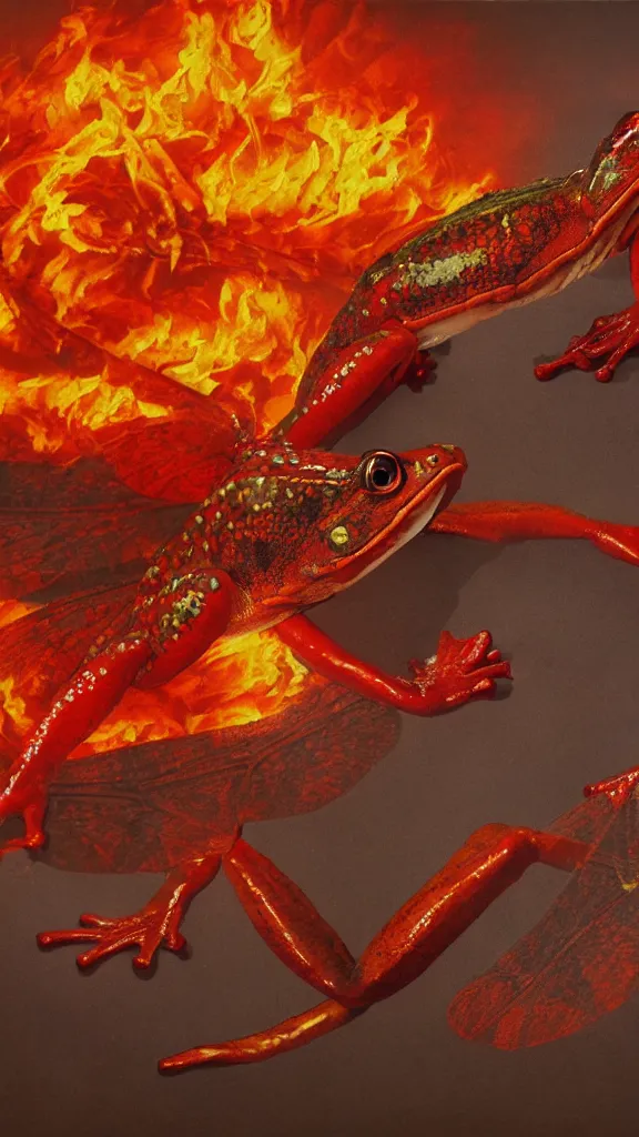 Prompt: giant red frog with giant dragonfly wings flying over a city in flames, photorealism, oil paint, renaissance, 8 k, high detail whide shot