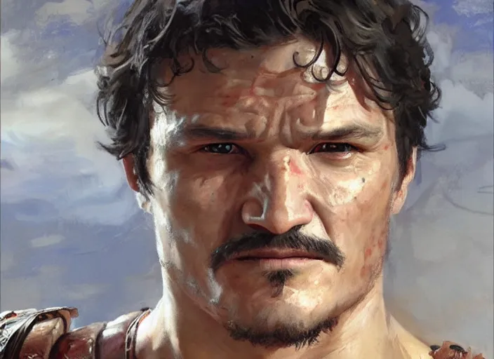 Image similar to a highly detailed beautiful portrait of pedro pascal as kratos, by gregory manchess, james gurney, james jean