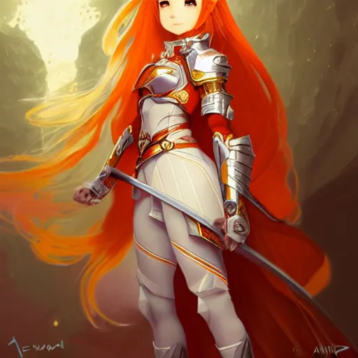 Image similar to Asuna Yuuki, Portrait of a young woman with blonde orange hair wearing a partial paladin armor with a red skirt and white top, face, fantasy, intricate, elegant, highly detailed, digital painting, artstation, concept art, smooth, sharp focus, illustration, art by Fernanda Suarez and Artem Demura and alphonse mucha