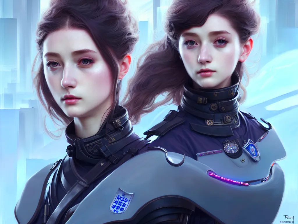 Image similar to portrait futuristic england police uniform girl, at future neon light rooftop, ssci - fi and fantasy, intricate and very very beautiful and elegant, highly detailed, digital painting, artstation, concept art, smooth and sharp focus, illustration, art by tan zi and ayanamikodon and alphonse mucha and wlop