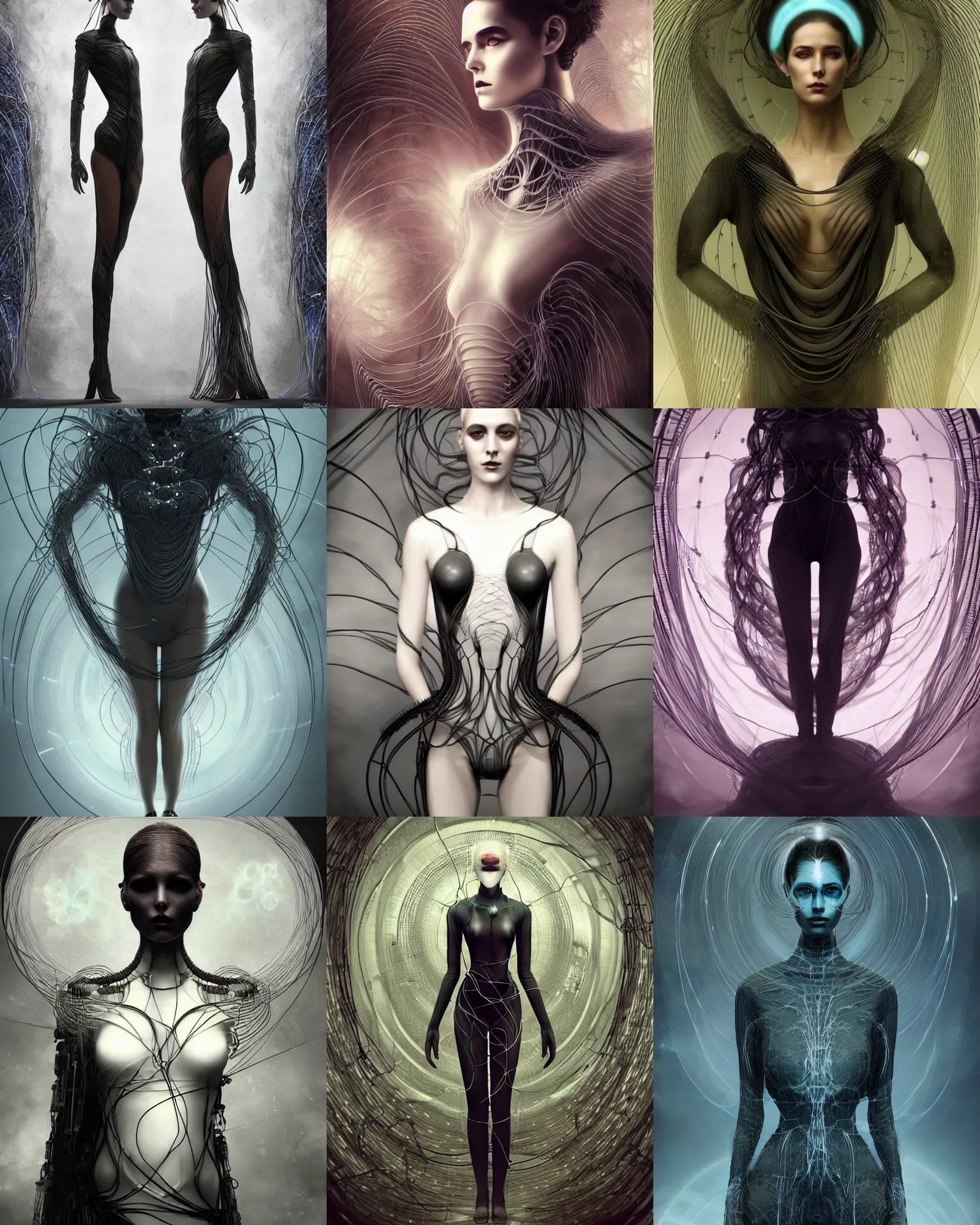 Prompt: charlie bowater and tom bagshaw symmetrical full body character portrait of the borg queen of sentient parasitic flowing ai, floating in a powerful zen state, avant garde fashion model, beautiful and ominous, wearing bodysuit made of wires organic fractal ceramic, machinery enveloping nature in the background, artstation scifi character concept, hyper realism, sharp focus
