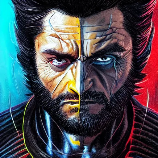 Prompt: wolverine starring into the camera, fixed eyes, flowing black coat with glowing neon yellow, colorful, surreal, dramatic lighting, face, detailed, intricate, elegant, highly detailed, digital painting, artstation, chalk, concept art, smooth, sharp focus, illustration, art by sam spratt, dan mumford, artem demura and alphonse mucha