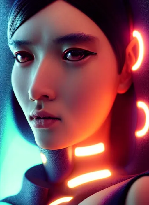 Image similar to photorealistic portrait of futuristic oriental female humanoid with freckle cheeks, cyber neon lightings, cyberpunk high fashion, elegant pose, intricate details, crispy quality, digital photography, trending in artstation, trending in pinterest, no watermark signature, cinematic, 4 k ultra hd, art by artgerm, art by greg rutkowski, art by pascal blanche