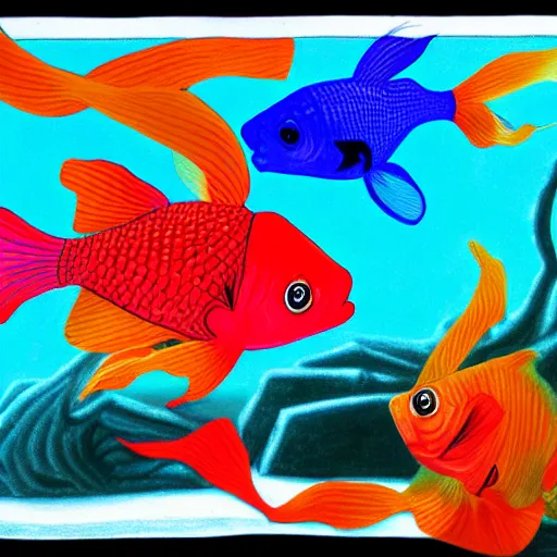 Image similar to hypercolorful goldfish in a confusing aquarium, surrealist drawing