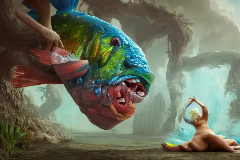Image similar to of a very beautiful scene. ambient occlusion render. a sweet fat old woman is giving a birth to a huge colorful fish. hyper realistic. 4 k. wide angle. wild happiness. symmetrical face, red mouth, blue eyes. deep focus, lovely scene. ambient occlusion render. concept art. unreal engine.