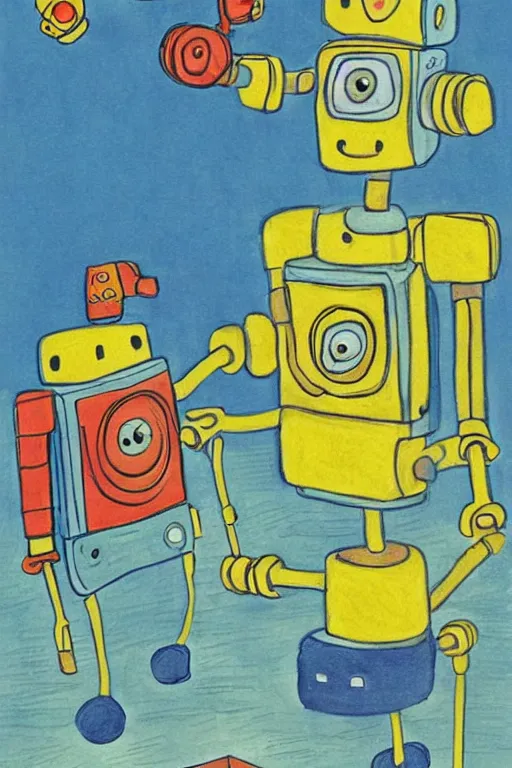Prompt: children's book illustration of robots doing activities by margret rey