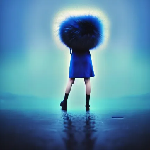 Prompt: giant droplets of water floating around a flying girl with long sky blue hair, low - angle shot from behind, blue coat, fur scarf, ultra fine detail, dark theme, realistic painting, photography, psychedelic, film still, cinematic, wlop, ilya kuvshinov, ismail inceoglu,