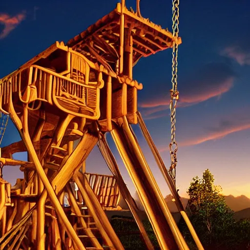 Prompt: enormous, never-ending wooden structure with slides, swings, and many-storied equipment at dusk by Thomas Kincade