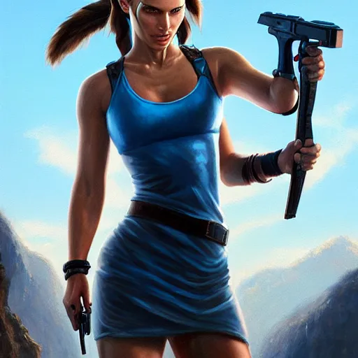 Prompt: Portrait of Natalie Portman as Lara Croft wearing a blue skater dress, Tomb Raider, Alicia Vikander, beautiful, 4k oil on linen by wlop, artgerm, andrei riabovitchev, nuri iyem, james gurney, james jean, greg rutkowski, highly detailed, soft lighting 8k resolution