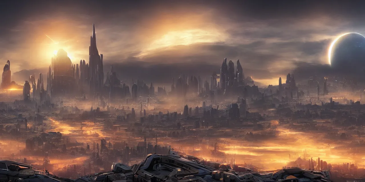 Image similar to sifi - ci city sunset, planets in the sky by dylan cole, matte painting with high detail, ground level, sci - fi star wars megacity with dramatic lighting and dramatic sky, 4 k, cinematic cinematography.