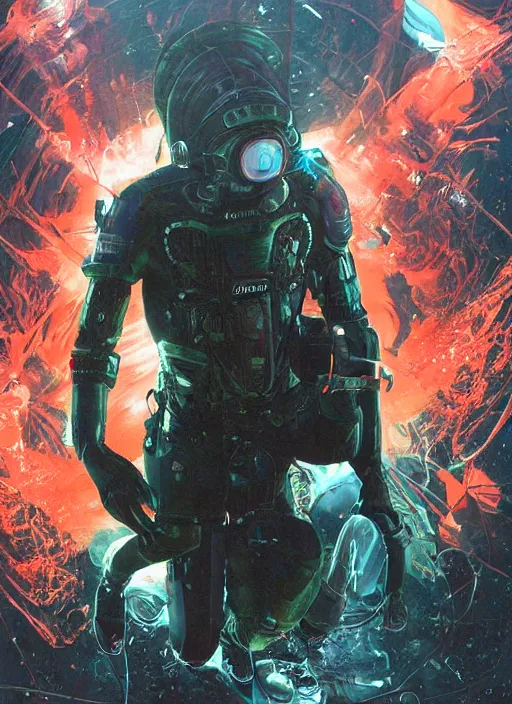 Image similar to astronauts in dark void underwater - complex and hyperdetailed technical suit. reflection and dispersion materials. rays and dispersion of light. volumetric light. f / 3 2. noise film photo. flash photography. ultra realistic, wide angle. poster by wayne barlowe, hajime sorayama aaron horkey, craig mullins