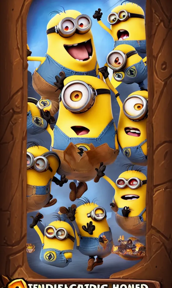 Image similar to hearthstone card with a usual border with atack and health depicting minions from despicable me.