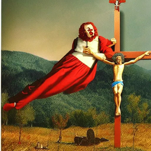 Prompt: ronald mcdonald nailed to a crucifix on a hill, the grass is french fries, beautiful photograph, highly detailed