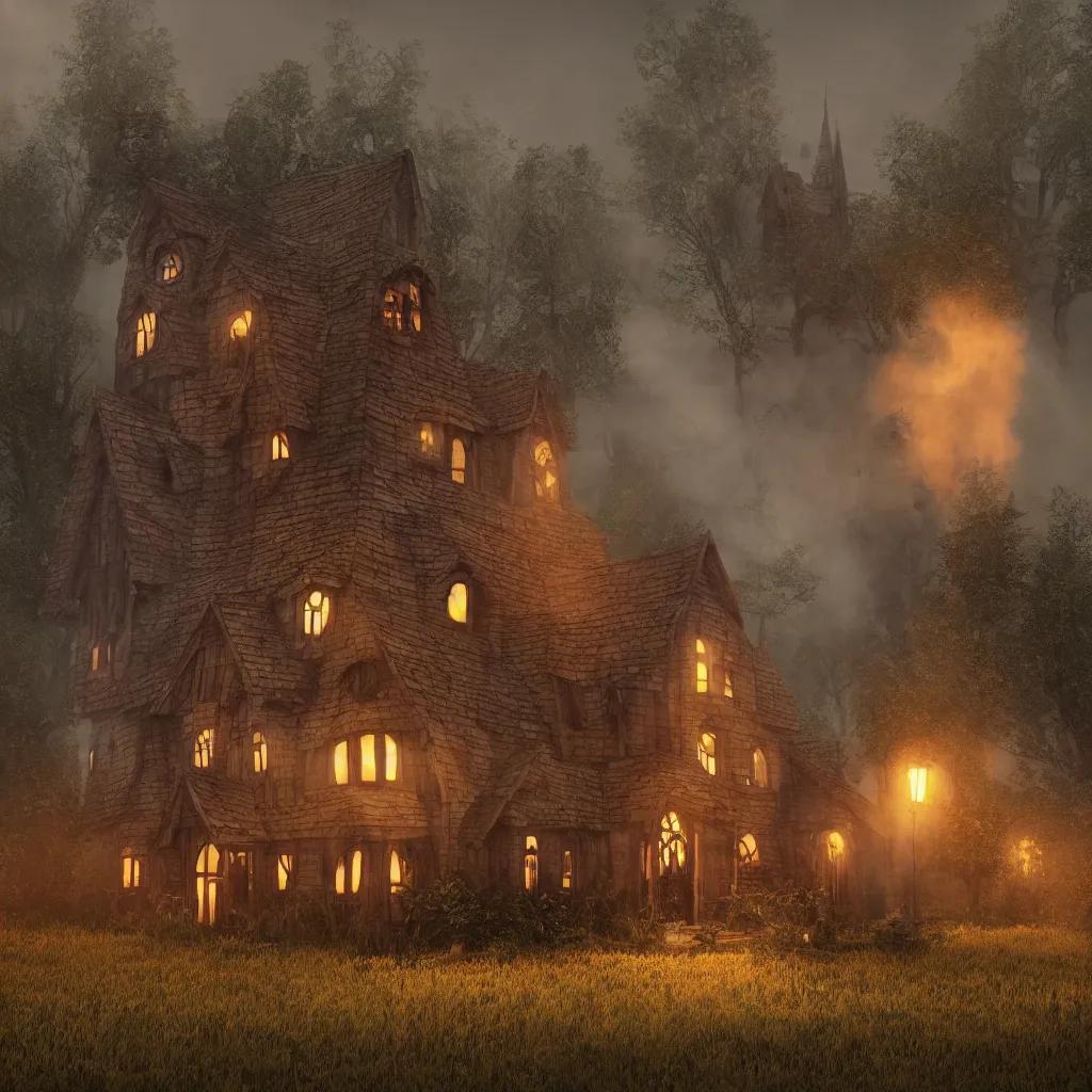 Image similar to fabricate an old witch house in style of wizard of oz, lots of smoke, gloomy, soft yellow red, atmosphere, rooftop smoking,, cinematic, unreal engine, golden ratio, cosmic horror, realistic, photorealistic. realistic, 8 k octanerender