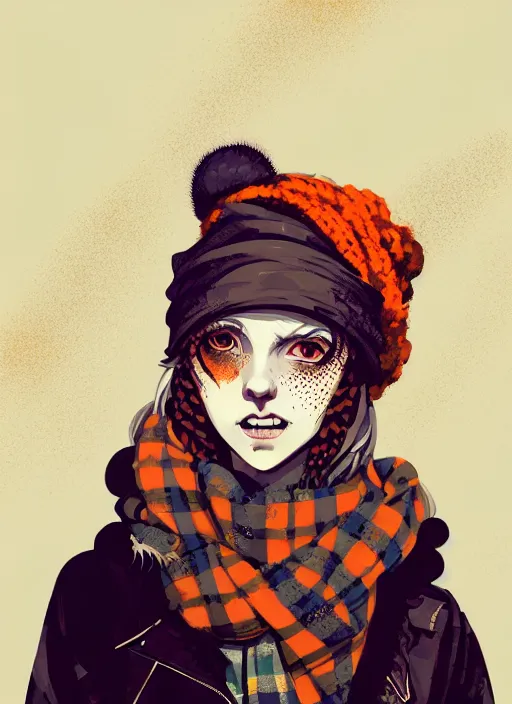 Image similar to highly detailed portrait of a sewer punk lady student, beanie, tartan scarf, curly blonde hair by atey ghailan, by greg rutkowski, by greg tocchini, by james gilleard, by joe fenton, by kaethe butcher, gradient, orange, black, brown and cream color scheme, grunge aesthetic!!! white graffiti tag wall background