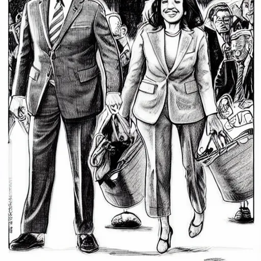 Image similar to The Artwork of R. Crumb and his Cheap Suit - Joe Biden and Kamala Harris, pencil and colored marker artwork, trailer-trash lifestyle