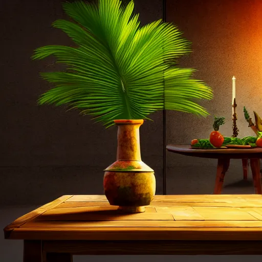 Prompt: a large vase with palms on top of a antique wooden table, vegetables on table and candle, medieval old concept art, cinematic lightning and colors, vray tracing, rendered in unreal engine, dark lightning, contrast shadows, super detailed, 8 k