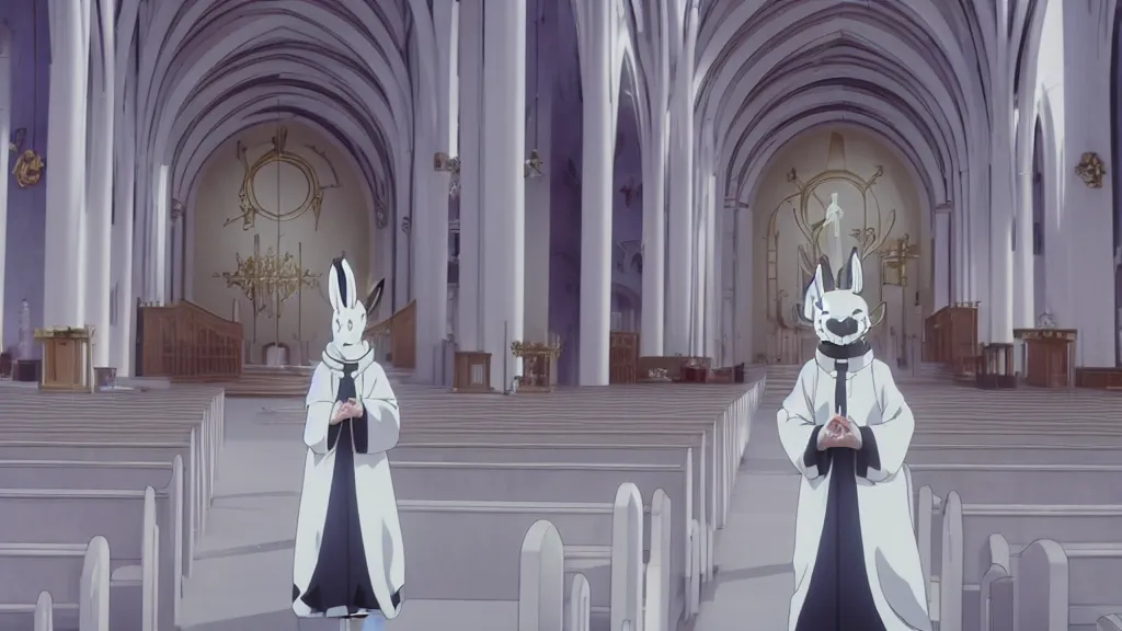 Image similar to a man wearing priest clothes and a white rabbit mask standing in a white marble church, anime film still from the an anime directed by Katsuhiro Otomo with art direction by Salvador Dalí, wide lens